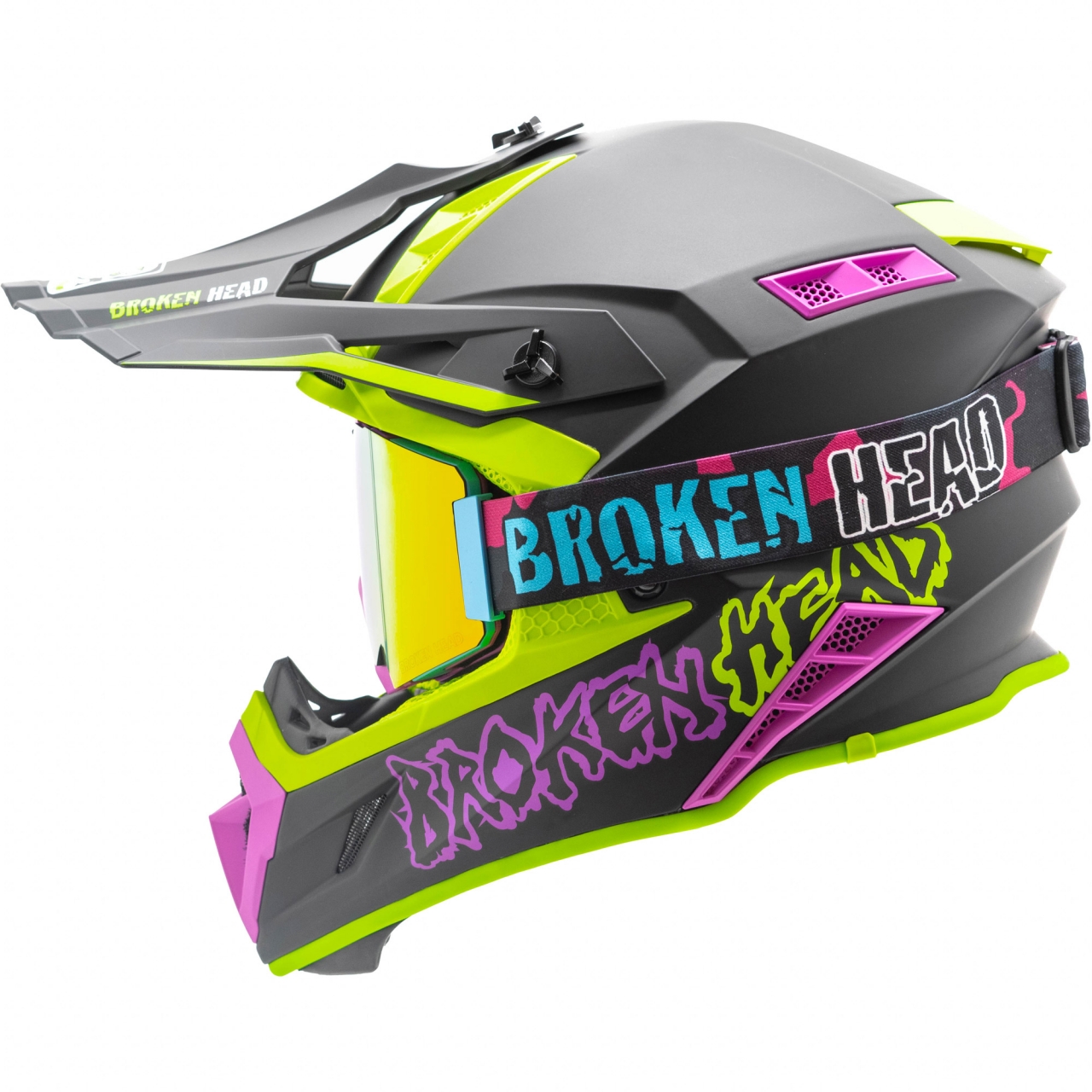 Broken Head Crosshelm Hunter Light Grün-Pink + MX-Brille Regulator Pink Magnetic