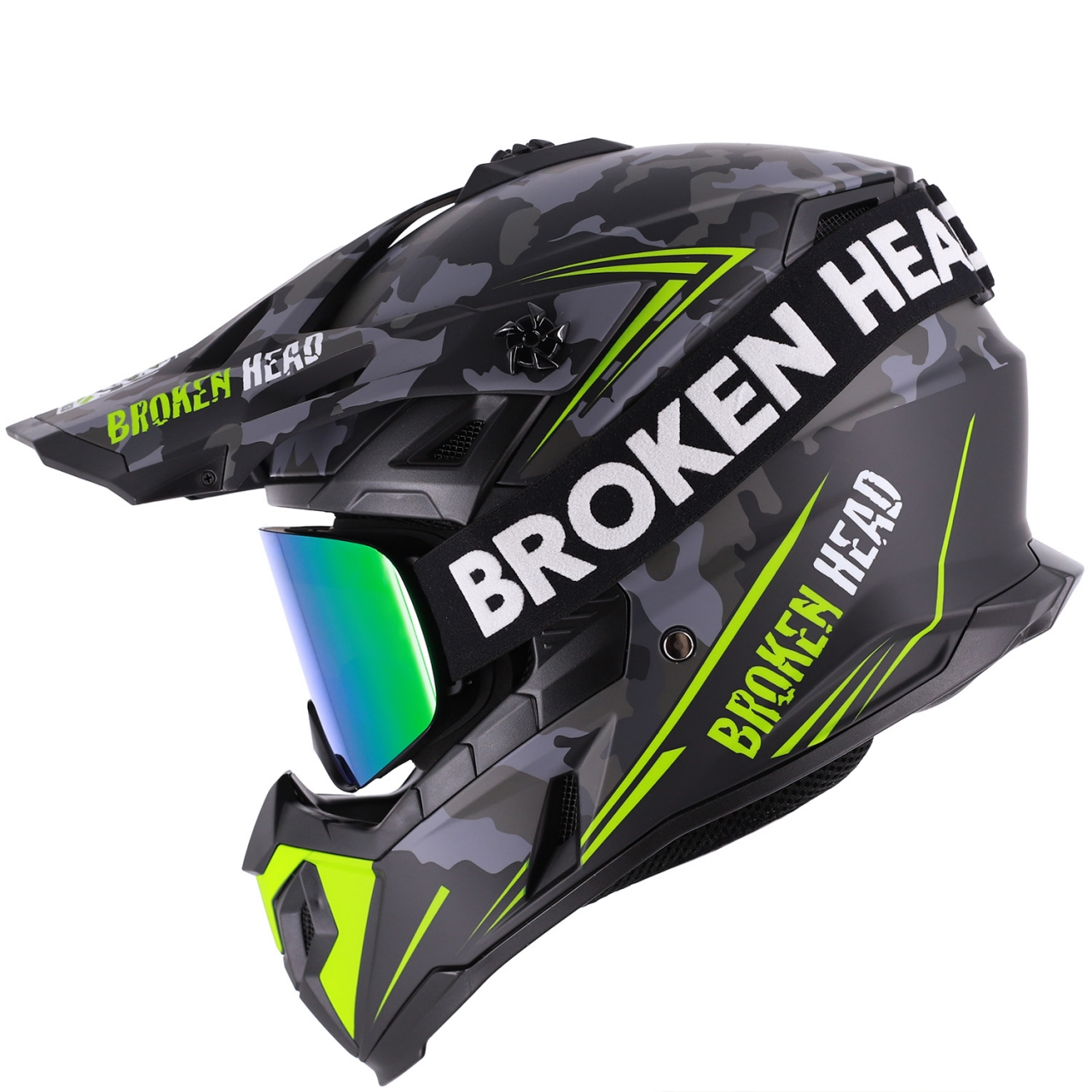 Broken Head Crosshelm Squadron Grau-Grün + MX-Brille Struggler Grün