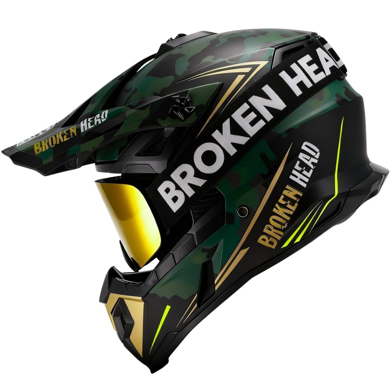 Broken Head Crosshelm Squadron Grün-Gold + MX-Brille Struggler Gold