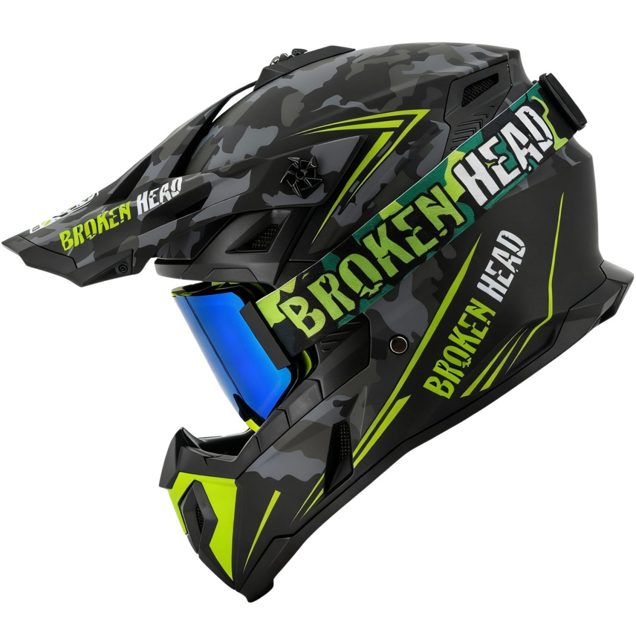 Broken Head Crosshelm Squadron Grau + MX-Brille Regulator Grün Verspiegelt