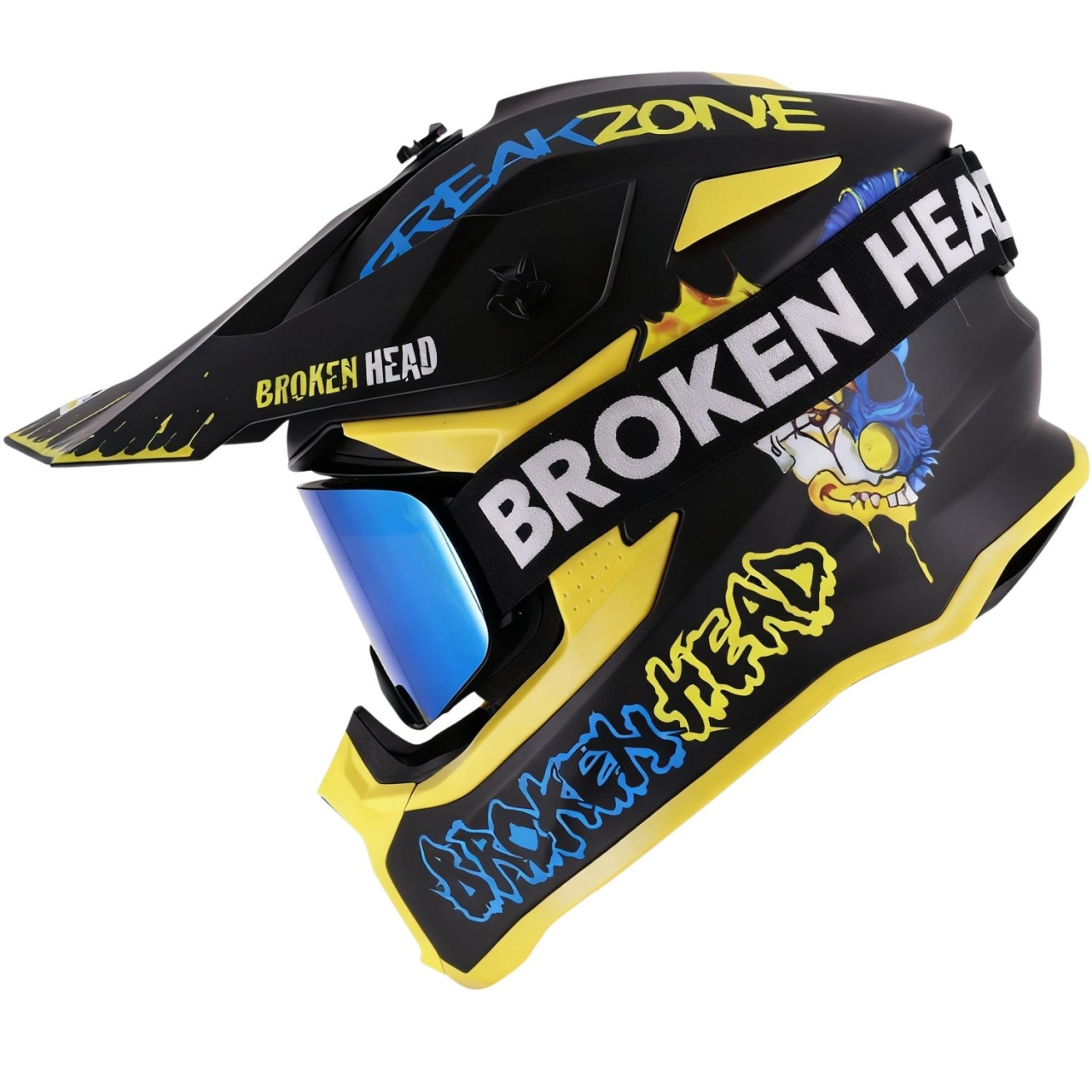 Broken Head Crosshelm FreakZone Schwarz-Gelb-Blau + MX-Brille Struggler Blau