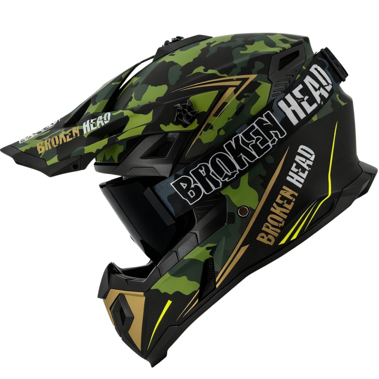 Broken Head Crosshelm Squadron Grün-Gold + MX-Brille Regulator Schwarz