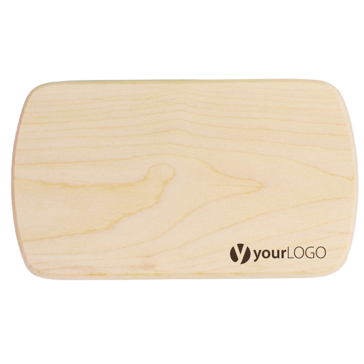 Werbeartikel Frühstücksbrett 22 x 12 x 1 cm aus hellem Ahornholz mit Einbrand bis 80 x 80 mm Give-away mit Logo-Gravur