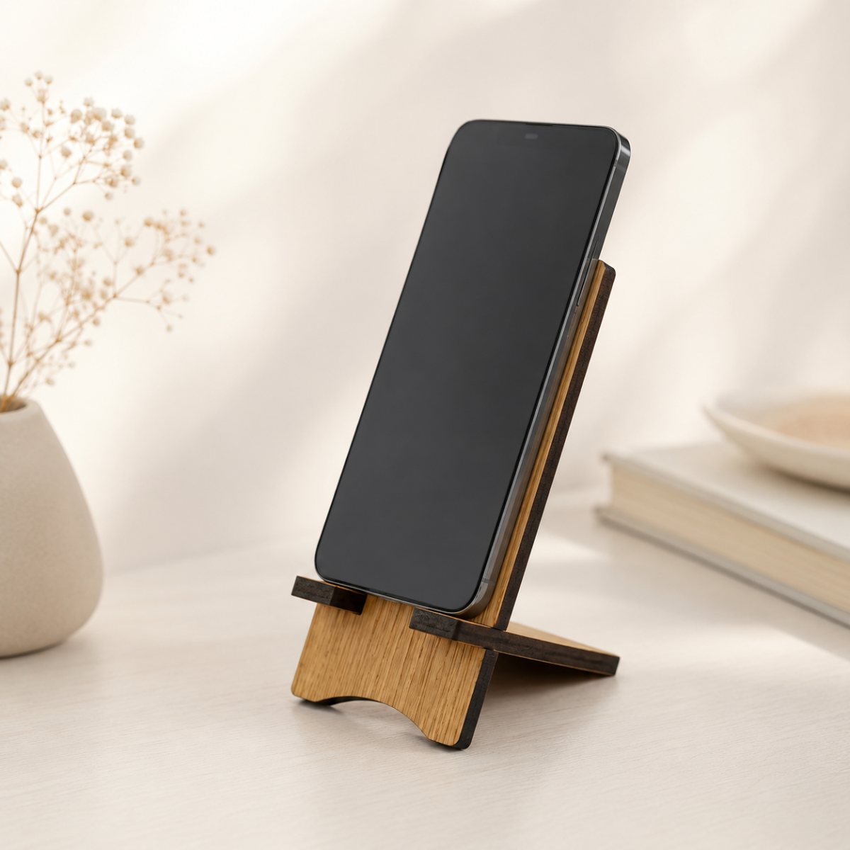 Eichenholz Smartphone-Ständer & Steckdosen Handyhalter 14 cm