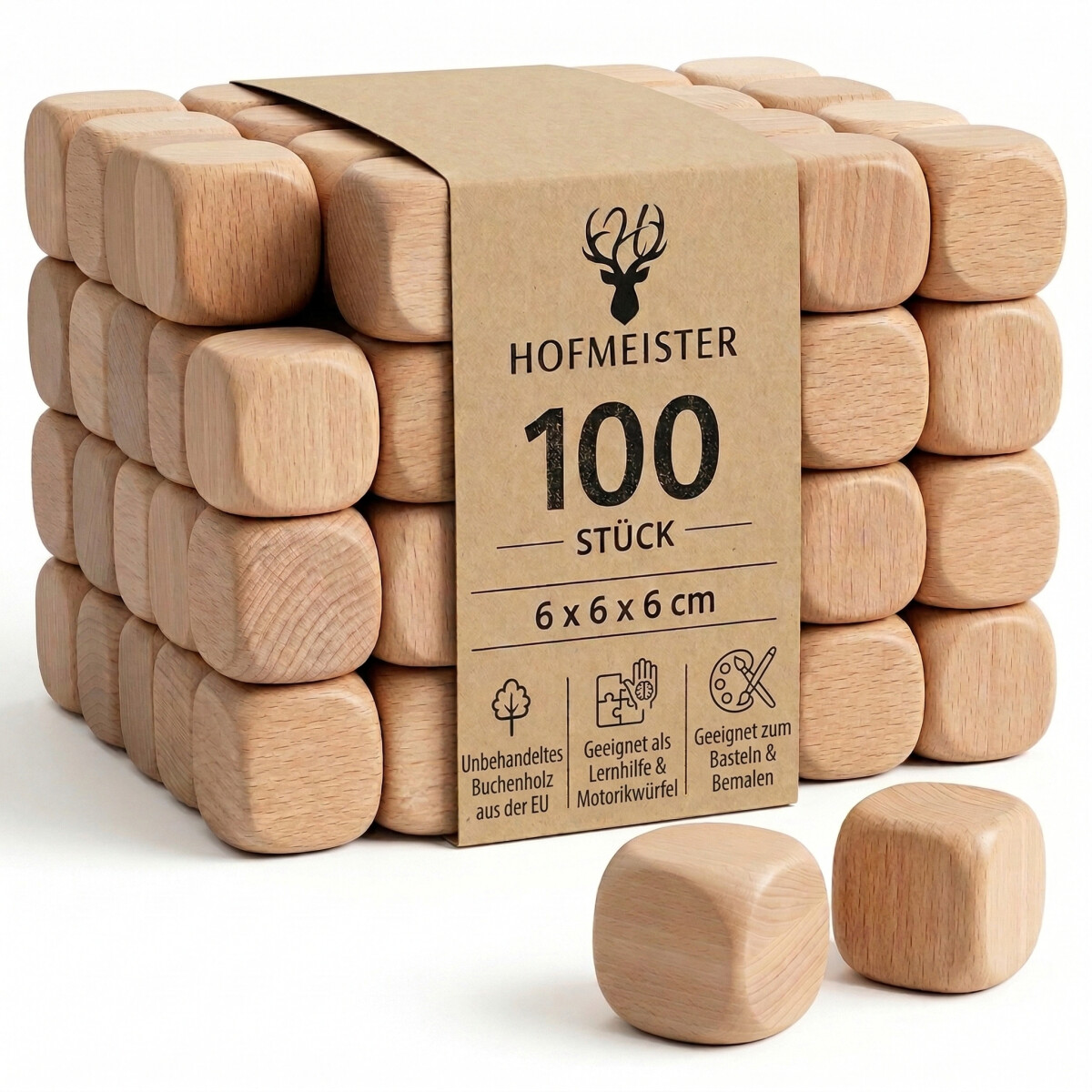 100 Stück im Set, Würfel aus Buchenholz zum Spielen & Bemalen 6 x 6 x 6 cm