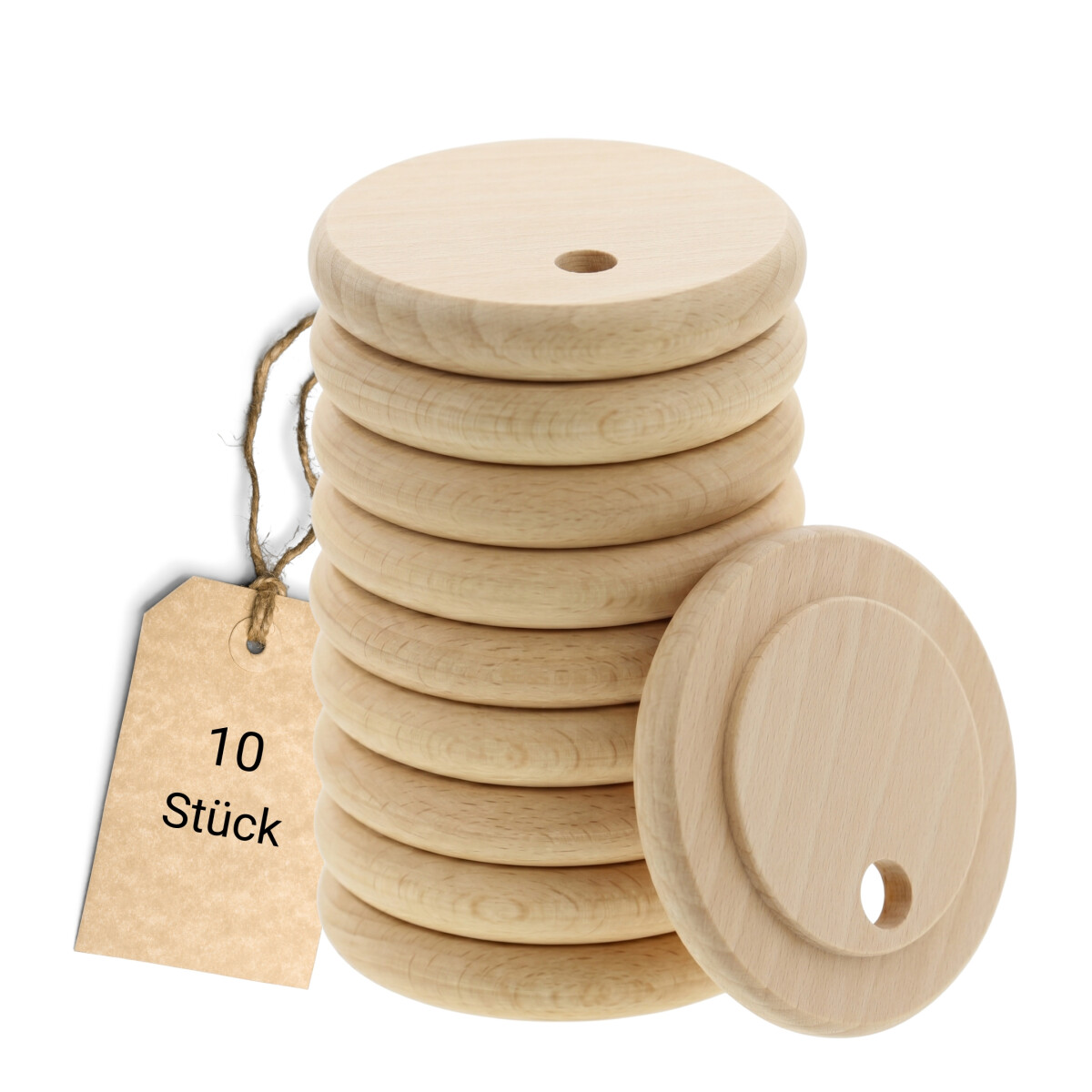 10 Stück im Set, Wespen- & Staubschutz-Deckel mit Strohhalmloch für große Gläser & Becher mit Ø 7 – 9,5 cm aus Buchenholz