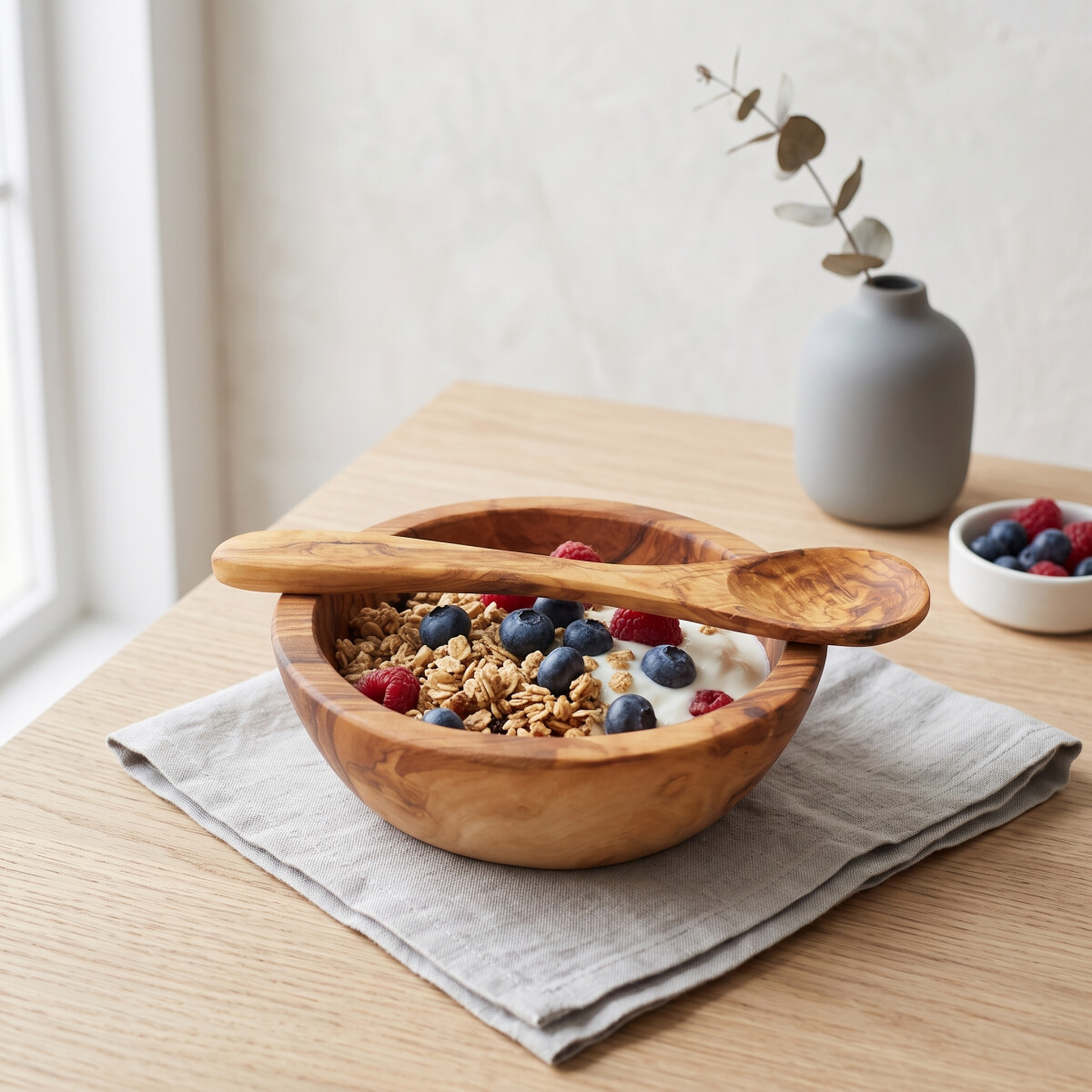 Müsli Set Olivenholz – Schale mit Löffel für Frühstück, Bowls & Snacks