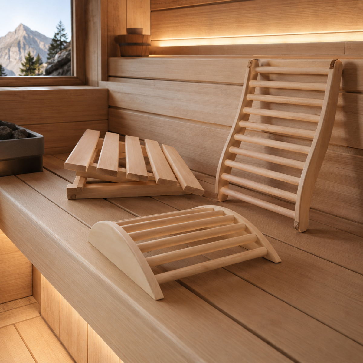 1x Sauna-Set Rückenlehne, Kopfstütze und Beinstütze Lindenholz