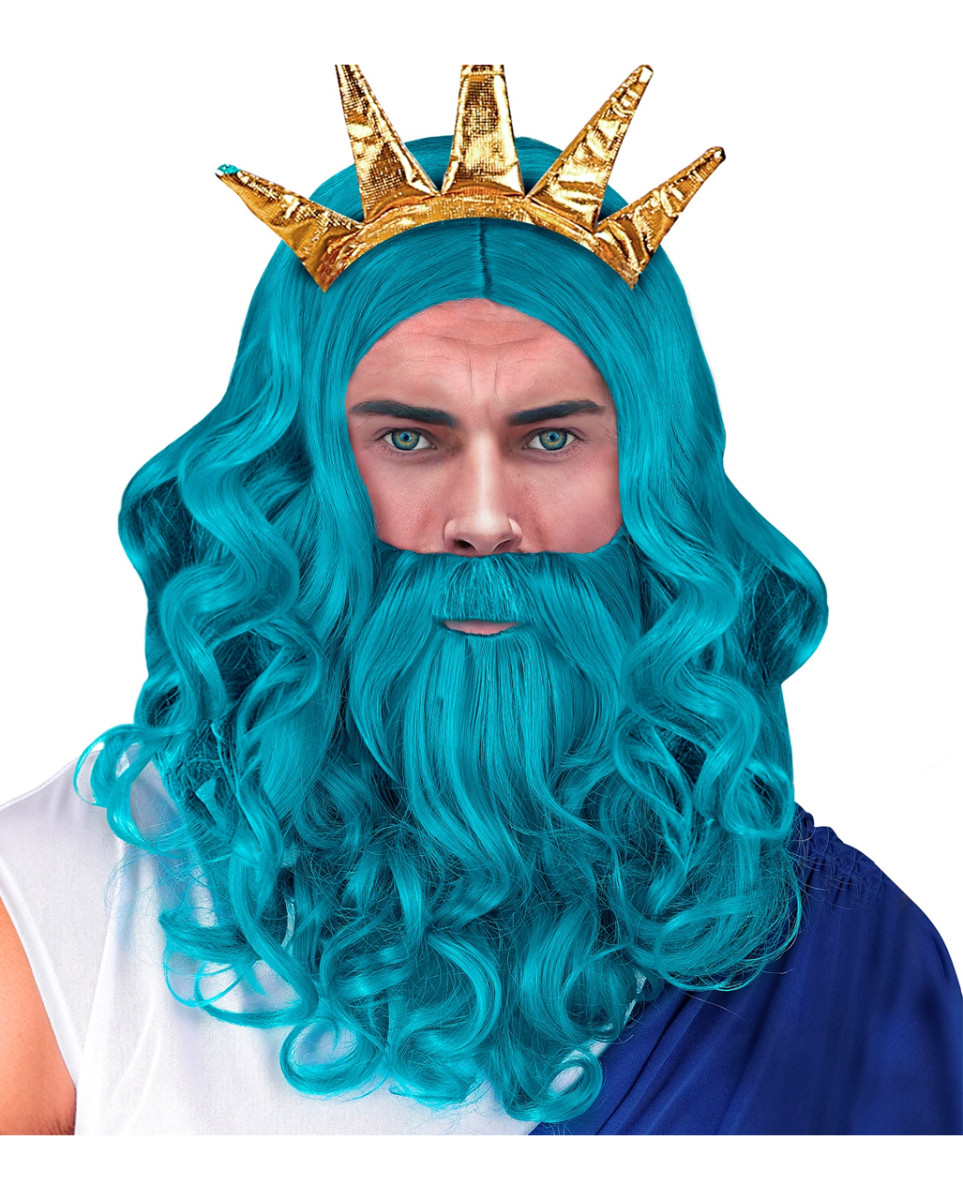 Blaue Neptun Perücke mit Bart & Schnurrbart