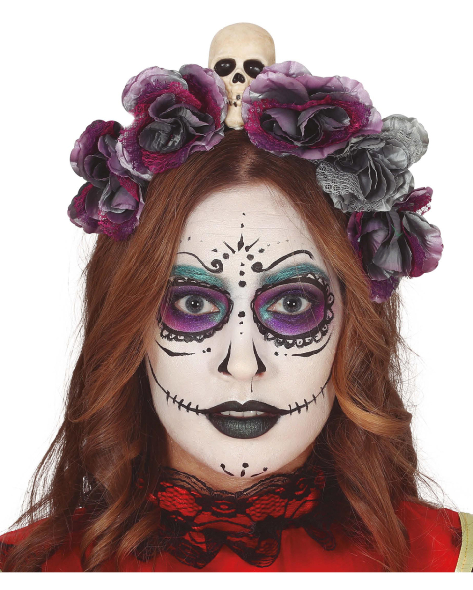 Dia de los Muertos Totenkopf Haarreif mit Blumen