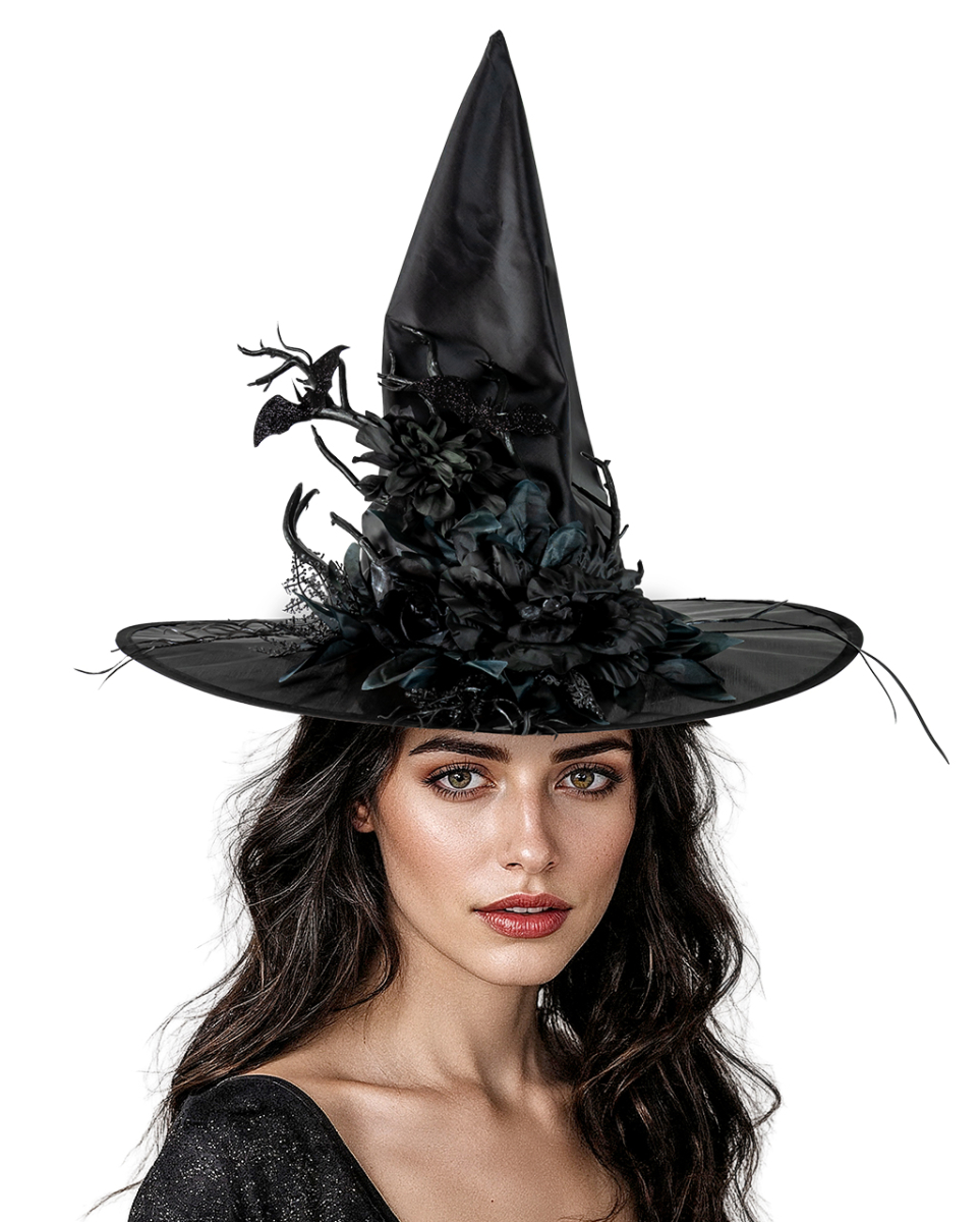 Eleganter Gothic Hexenhut mit Rosen & Fledermäusen