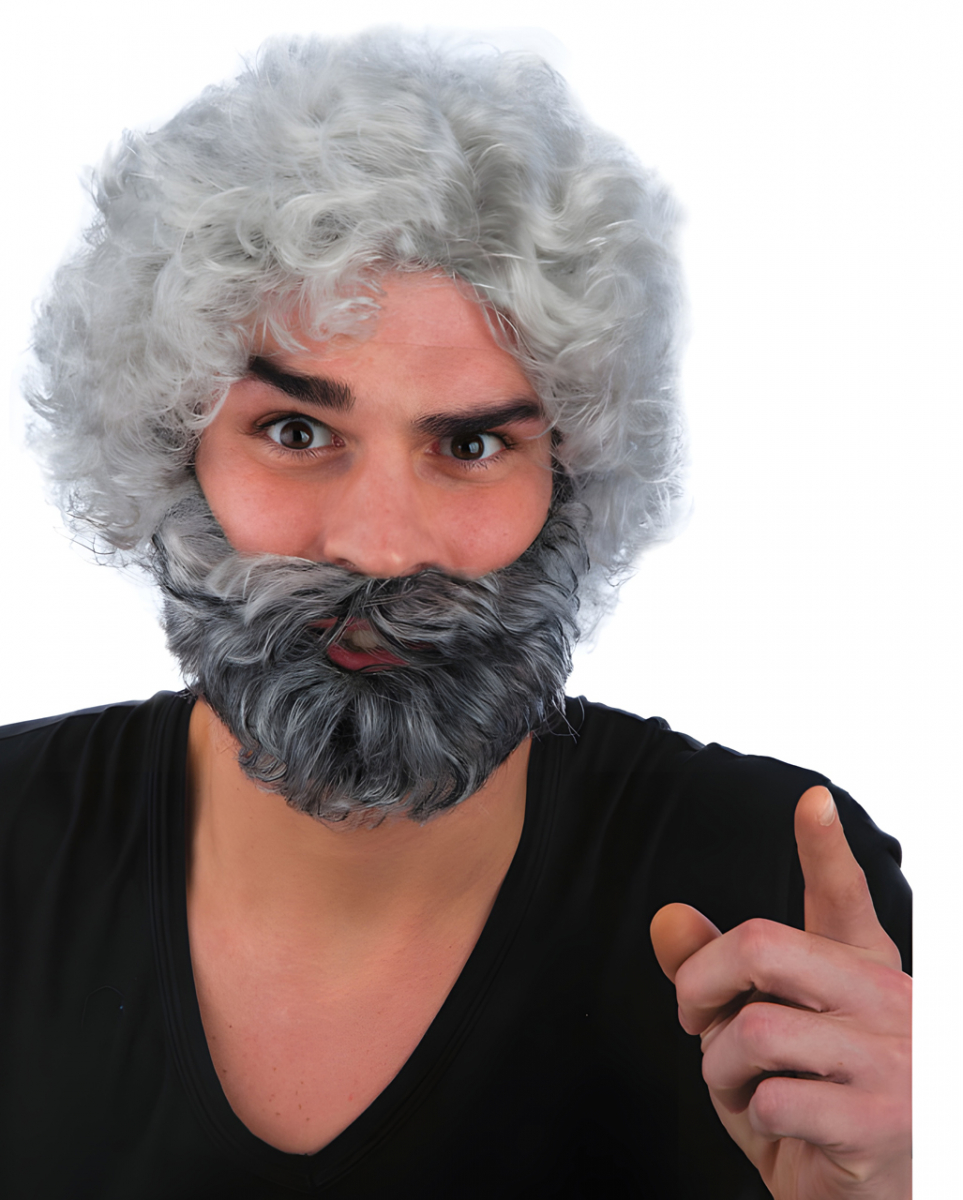 Graue Männerperücke mit Locken & Vollbart