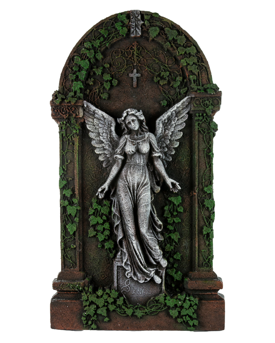 Halloween Grabstein mit Geflügelter Engelsstatue & Efeu 91cm