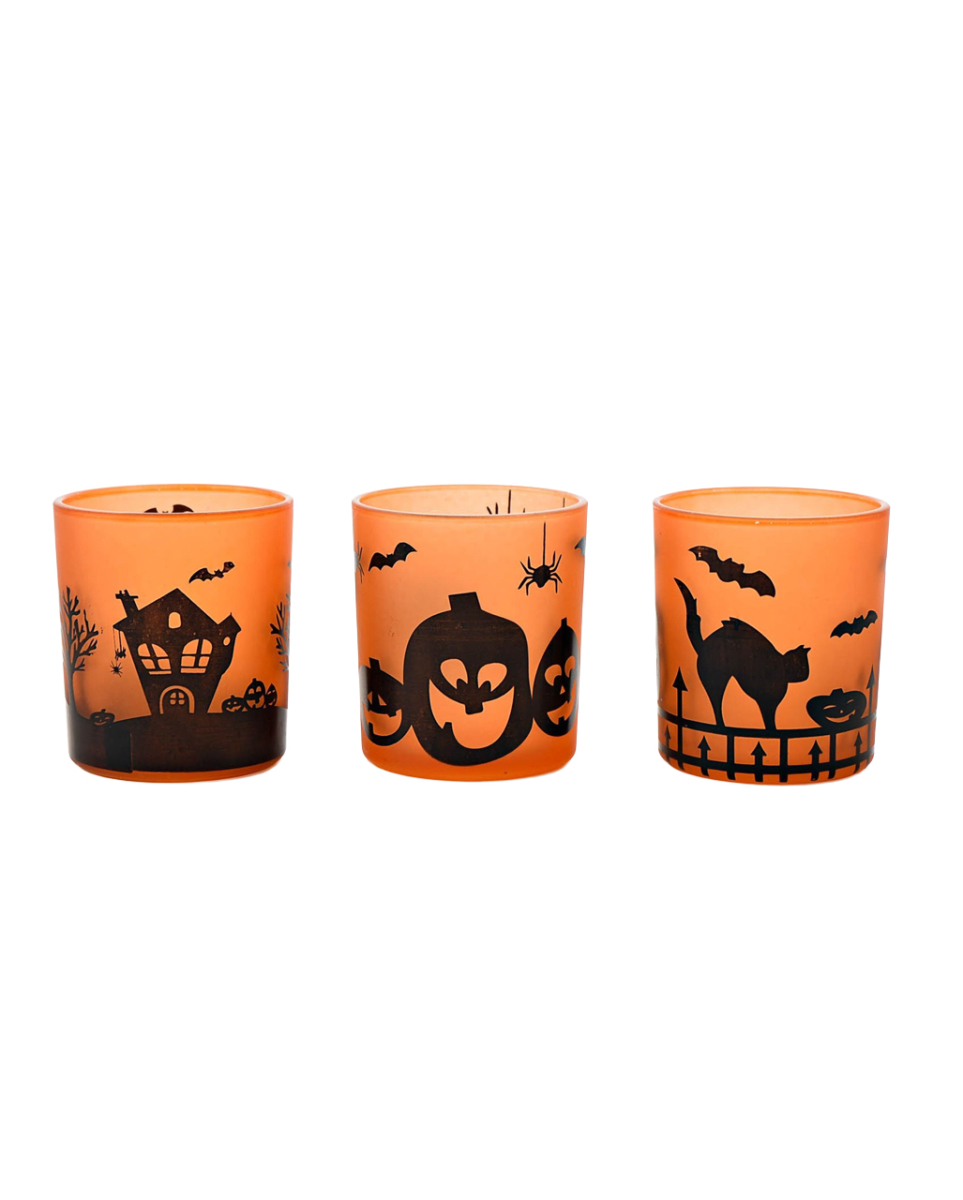 Halloween Motiv Teelichthalter aus Glas 3er-Set