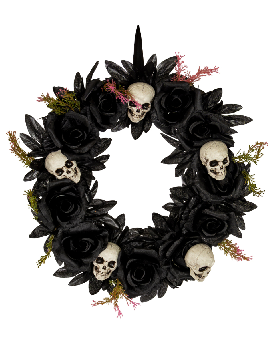 Halloween Türkranz mit Schwarzen Rosen & Totenköpfen 44cm Ø