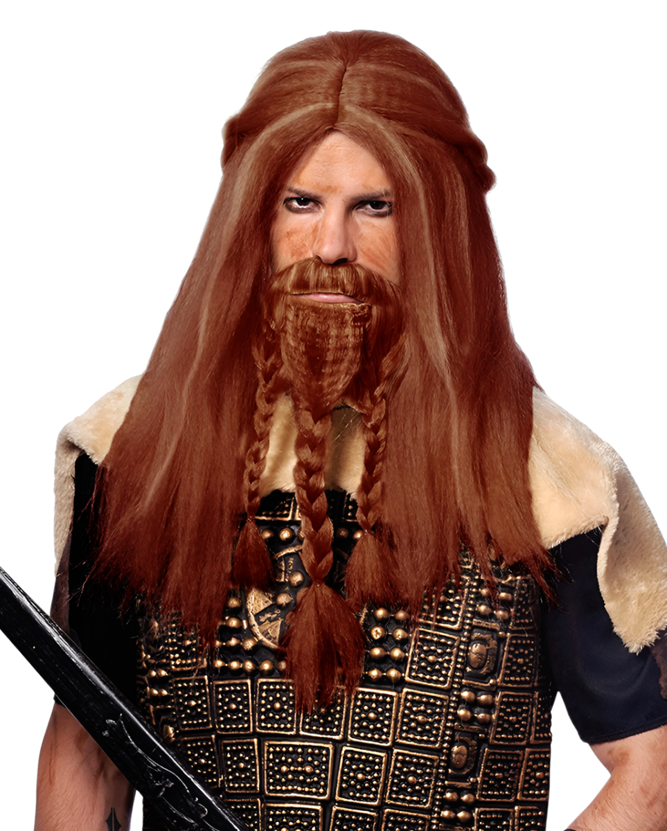 Kastanienfarbene Wikinger Perücke mit geflochtenem Bart