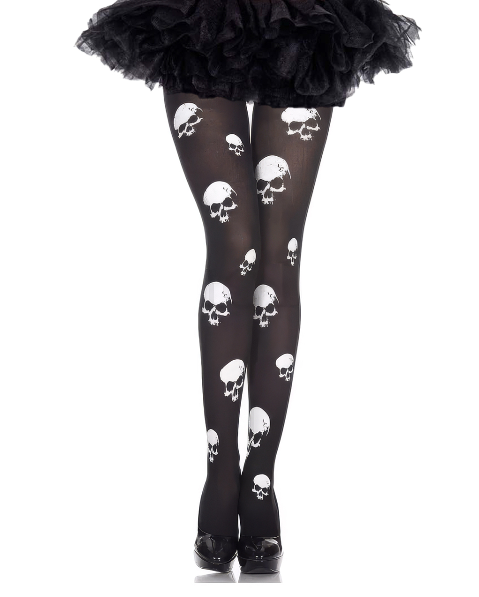 Schwarze Strumpfhose mit Spooky Skulls