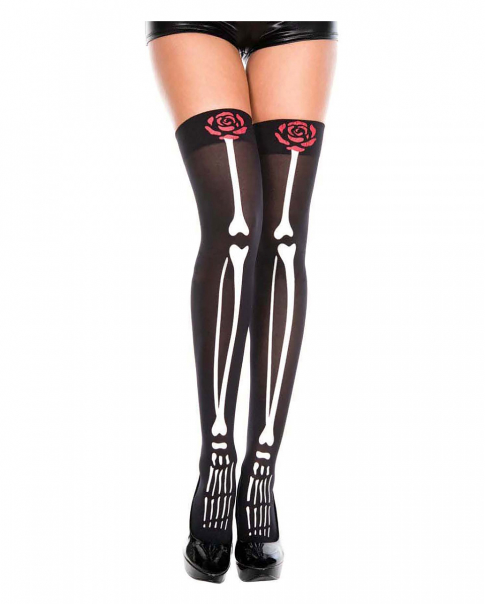 Skelett mit Rose Overknee Strümpfe