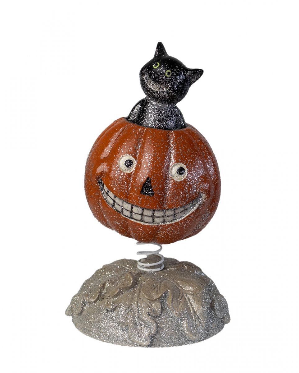 Vintage Halloween Bobble Head Kürbis mit Katze 15cm