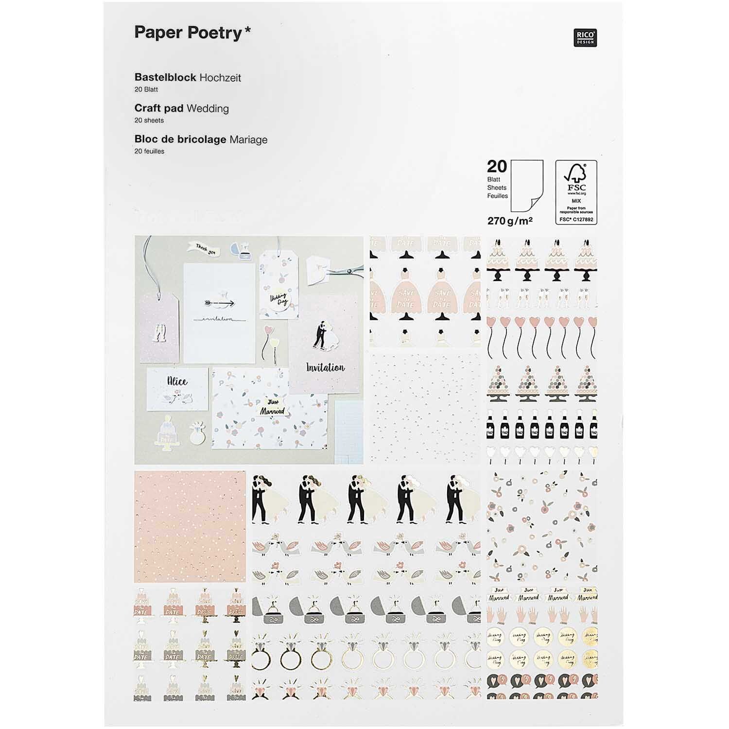Rico Design Paper Poetry Bastelblock Hochzeit 20 Blatt