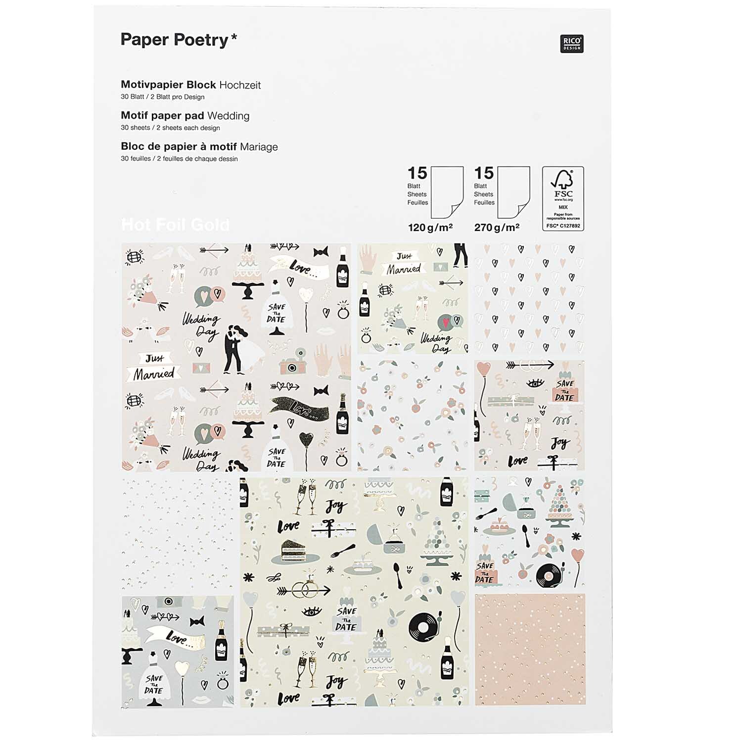 Rico Design Paper Poetry Motivpapierblock Hochzeit 30 Blatt