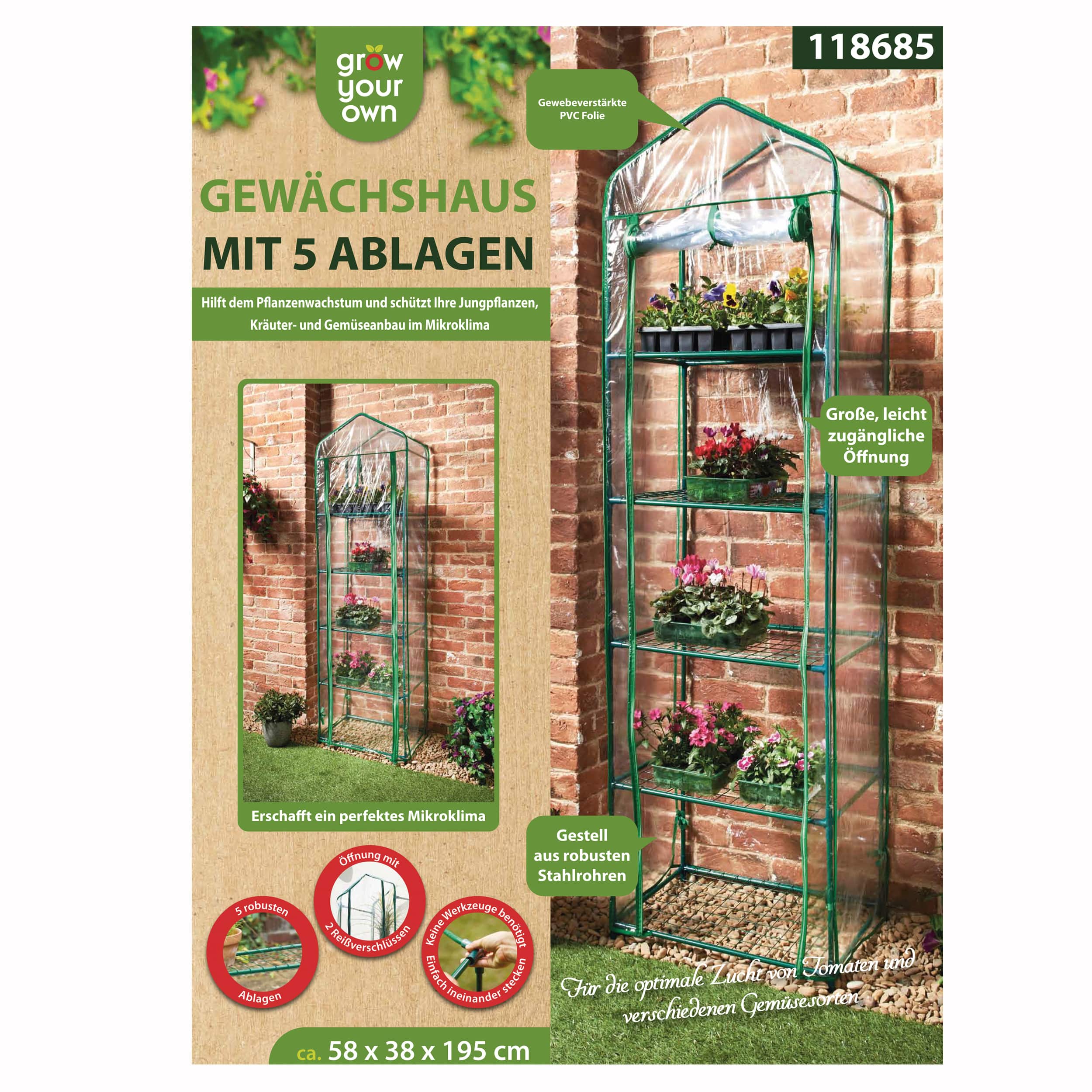 Gewächshaus mit 5 Ablagen 59x39x187cm