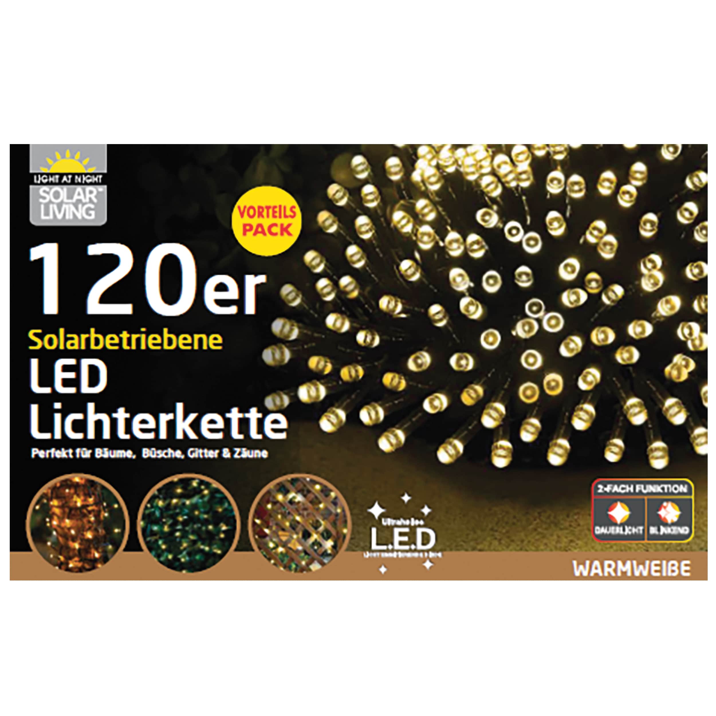 Lichterkette Solar 120 LED warmweiß L12m
