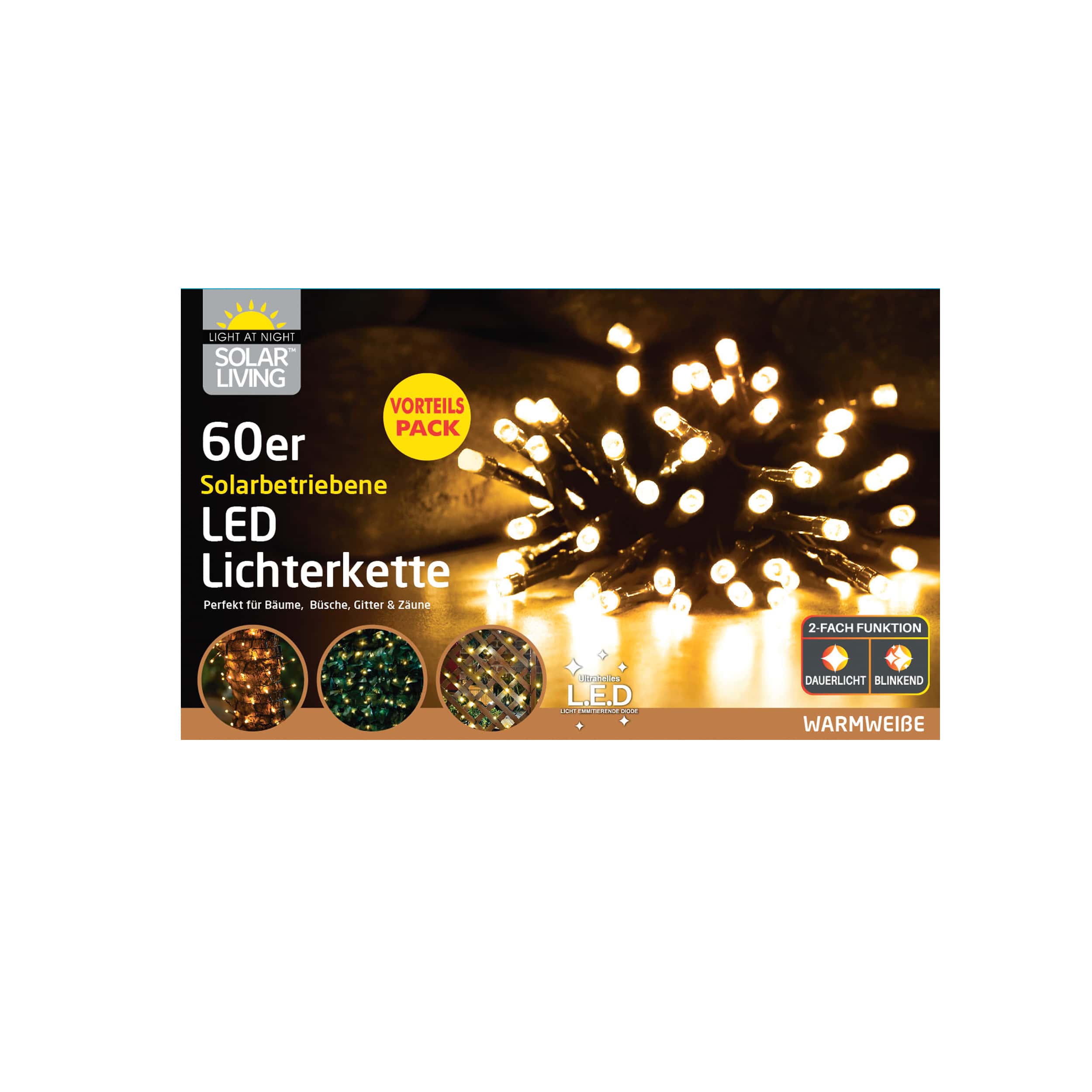 Lichterkette Solar 60 LED warmweiß L8m