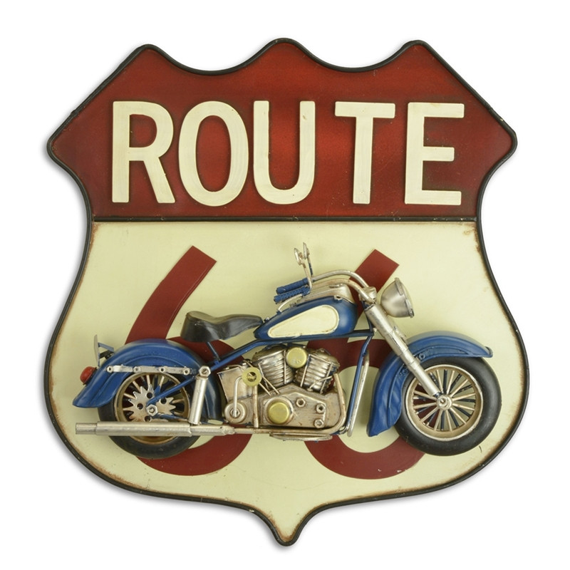 Blechmodell Nostalgie 3D Deko Wandschild aus Blech „Route 66“ mit montiertem Motorrad L 33 cm
