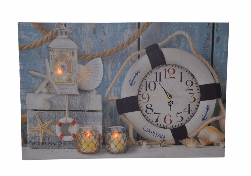Nostalgie LED-Wandbild Maritim Deko Bild mit integrierter Uhr Rettungsring 40x60 cm Leinwandbild