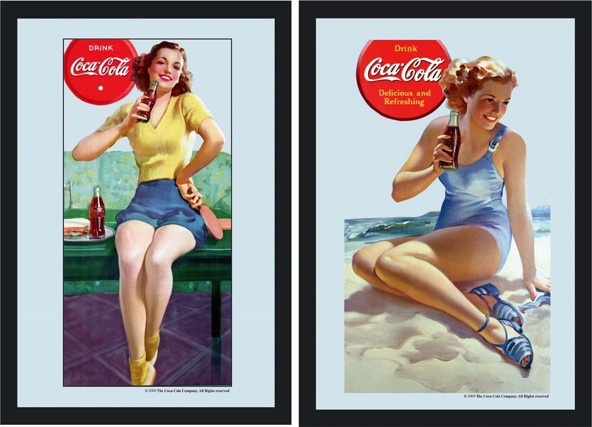Set: 2 Spiegelbilder Coca-Cola Retro Vintage Frauen 30x20 cm Wandbilder Hinterglasdruck mit Rahmen