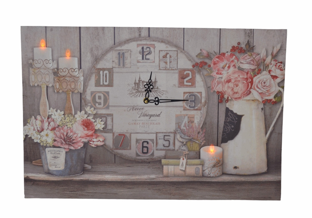 Nostalgie LED-Wandbild Blumen Deko Bild mit integrierter Uhr 40x60 cm Leinwandbild