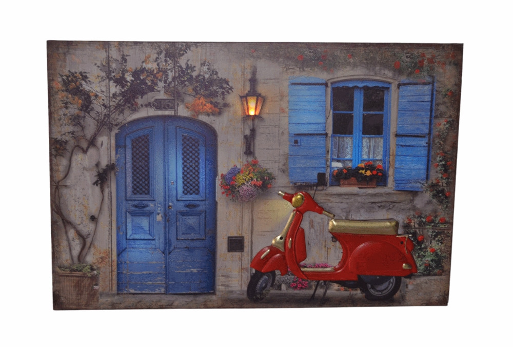 Nostalgie LED-Wandbild Gasse mit roter Roller Vespa Vintage Stil 40x60 cm Leinwandbild