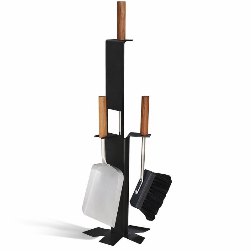 Kaminbesteck 3-teilig schwarz beschichtet, Edelstahl Besteck mit Holzgriffen