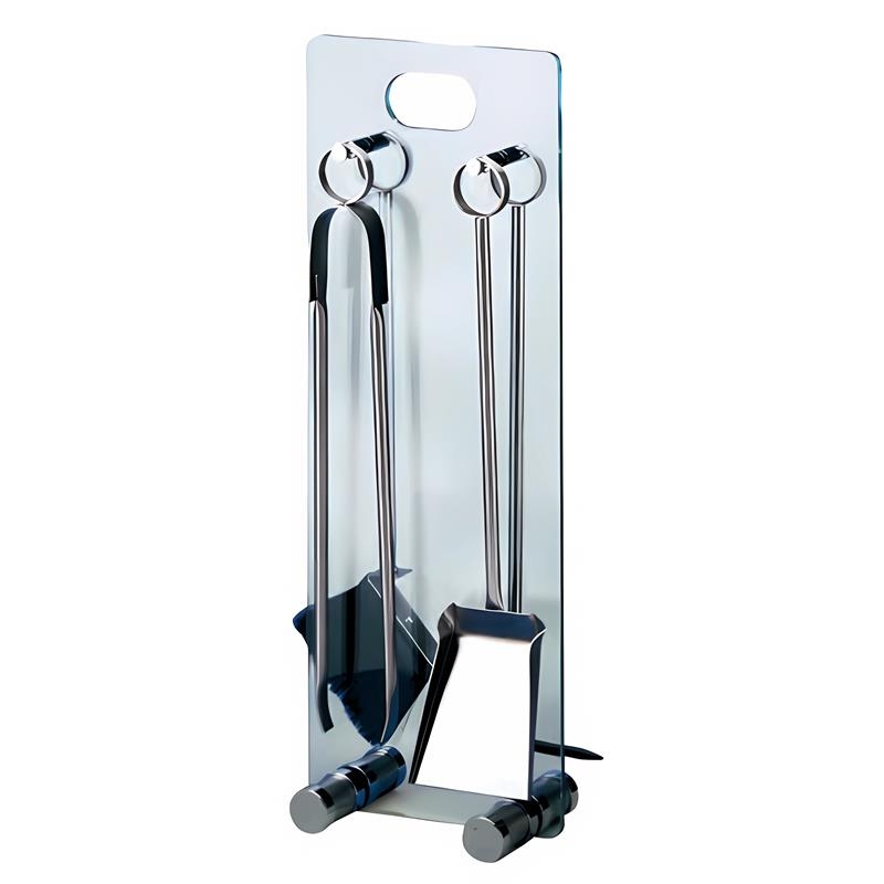 Kaminbesteck 4-teilig aus Glas mit verchromten Besteck unf Füßen