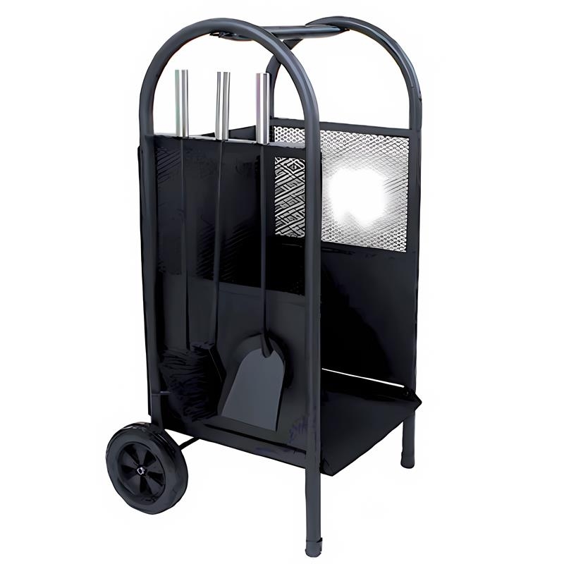 Holzwagen mit Kaminbesteck 3-teilig schwarz mit Edelstahlgriffen