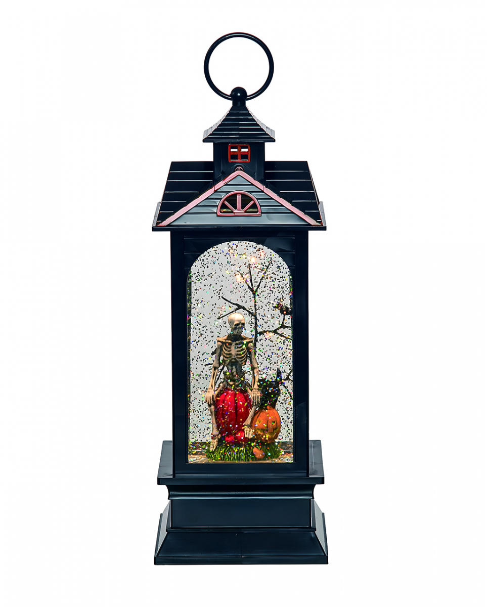 Gespensterhaus Wasserkugel Laterne mit Skelett & LED 28 cm