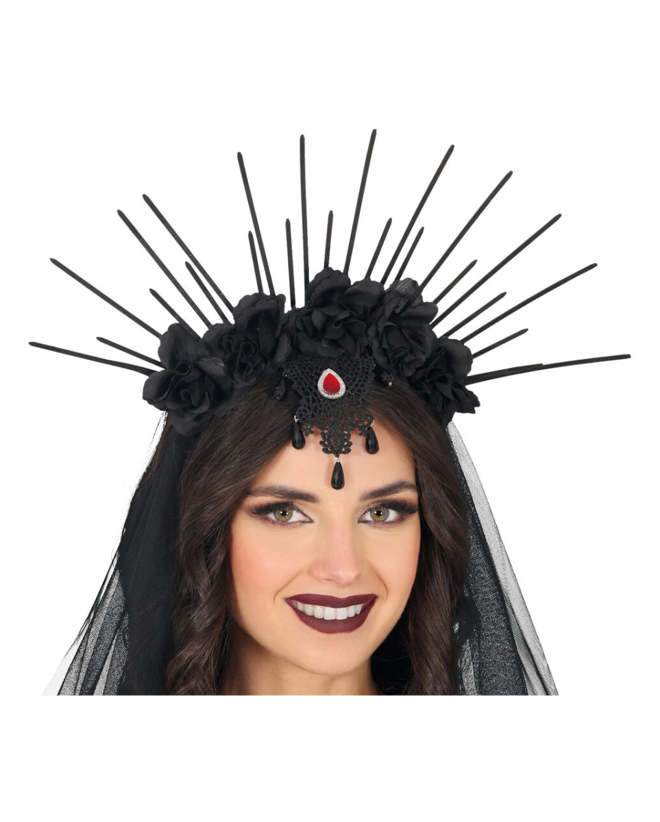 Gothic Haarreif mit schwarzen Blüten & Strahlen