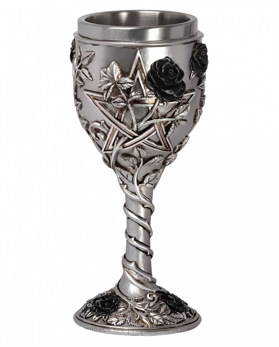 Gothic Kelch mit Schwarzer Rose & Pentagramm 19cm