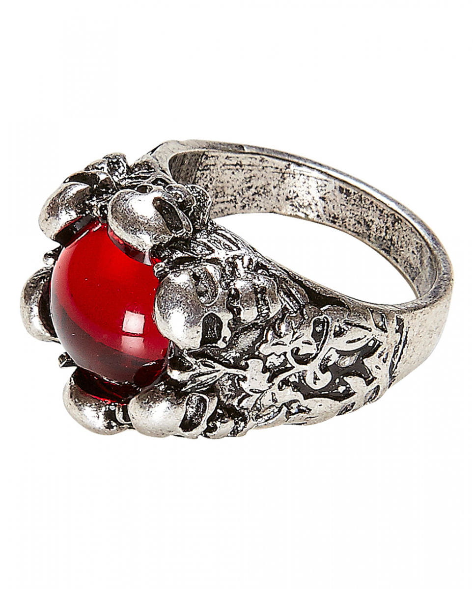 Gothic Ring mit Stein und Totenköpfen
