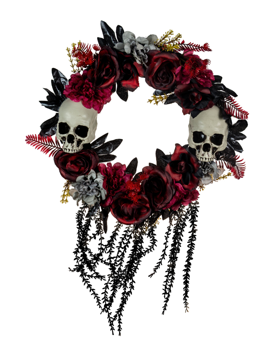 Halloween Türkranz mit vertrockneten Blüten & Totenschädel
