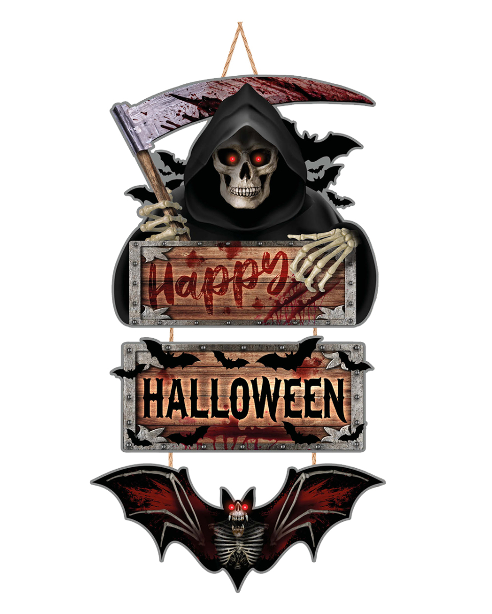 Happy Halloween Holzschild mit Reaper & Fledermaus 60cm