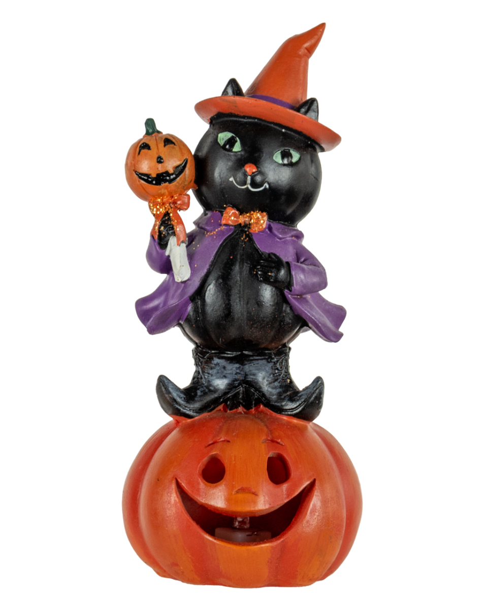 Hexenkatze auf Halloween Kürbis Figur mit LED 19cm