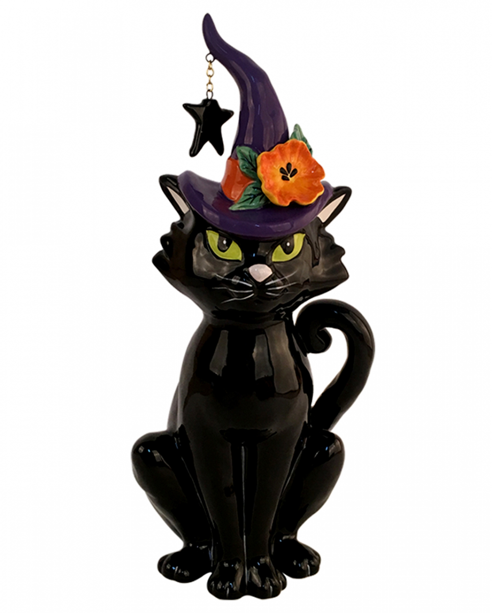 Schwarze Katze mit Hexenhut Keramik Figur 31cm