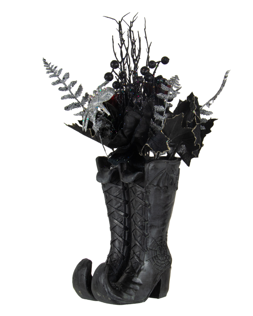 Hexenstiefel mit Gothic Glitzer Strauß Arrangement 55cm