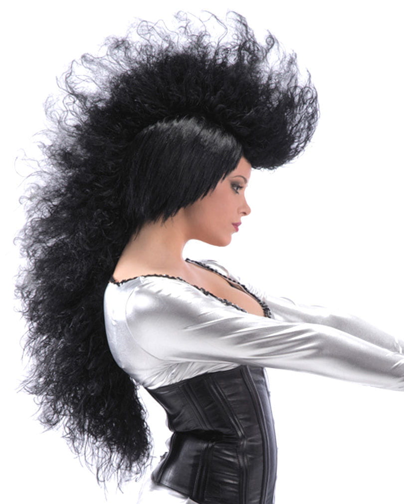 Lange schwarze Punk Perücke