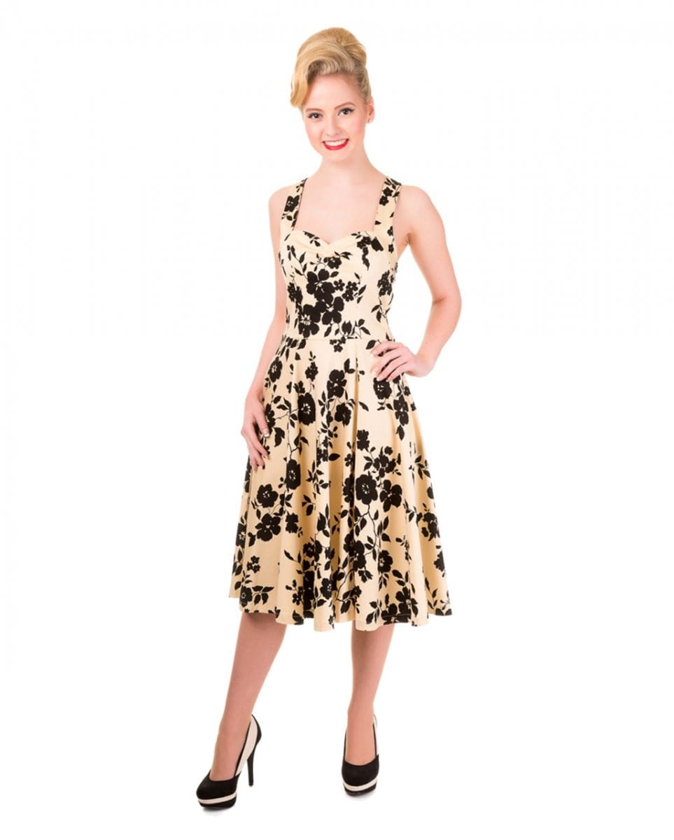 50er Jahre Kleid mit Blumenprint beige/schwarz