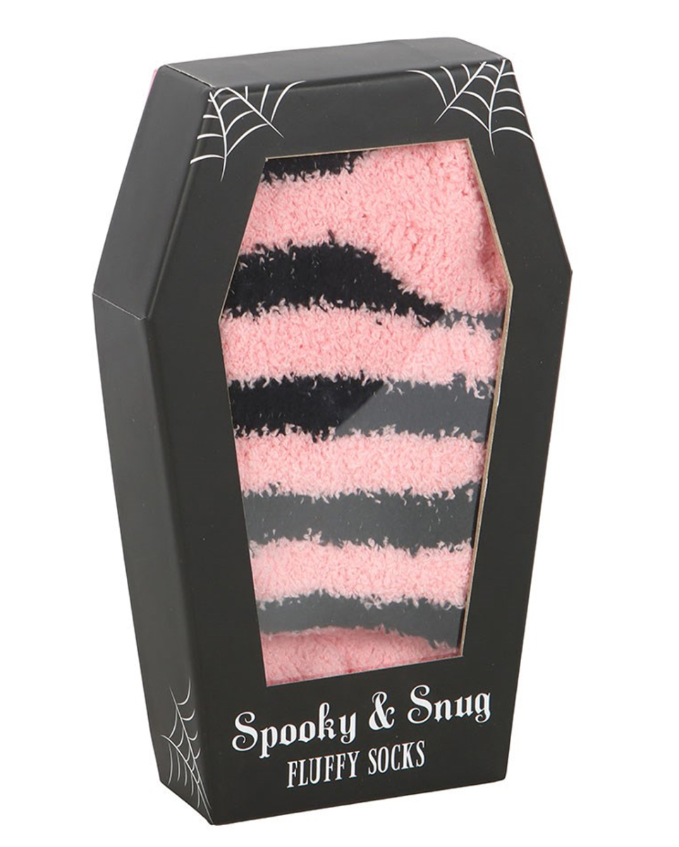 Schwarz & Pink gestreifte Fluffy Socken in Sarg Box