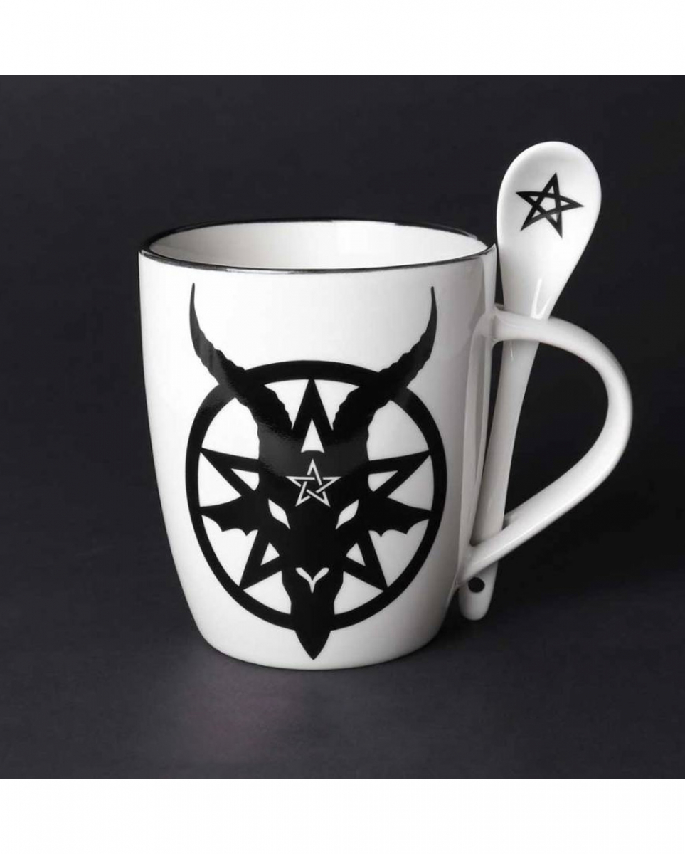 Weiße Tasse mit Löffel Baphomet