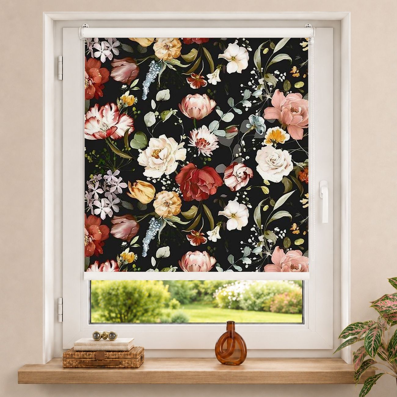 Rollo Blumen Aquarell Vintage Muster auf Schwarz